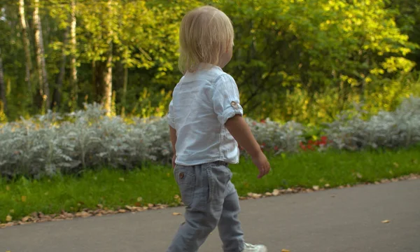 Aranyos kisbaba sétál az úton a parkban. — Stock Fotó
