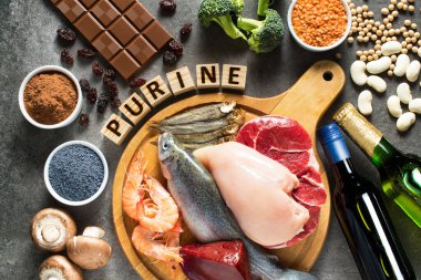 High purine foods. Foods that contain high levels of purines as trout, shrimps, chicken breast, red meat, sprats, liver, beans, chocolate, lentils, mushrooms, beer, vine, cocoa, raisins, broccoli, soy, poppy seed clipart