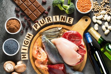 High purine foods. Foods that contain high levels of purines as trout, shrimps, chicken breast, red meat, sprats, liver, beans, chocolate, lentils, mushrooms, beer, vine, cocoa, raisins, broccoli, soy, poppy seed clipart