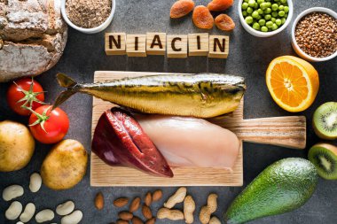 Niasin (B3 vitamini) içerir. Doğal vitamin kaynakları: ciğer, tavuk göğsü, uskumru, topak ekmek, buğday kepeği, karabuğday, patates, domates, fasulye, badem, fıstık, yeşil bezelye, kurutulmuş kayısı, kivi, portakal ve avokado.