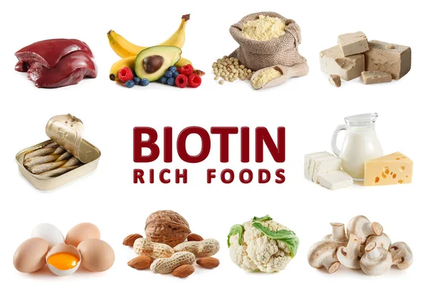 Foods Rich Biotin Vitamin Liver Eggs Yolk Yeast Sardines Soy — Stock Photo, Image