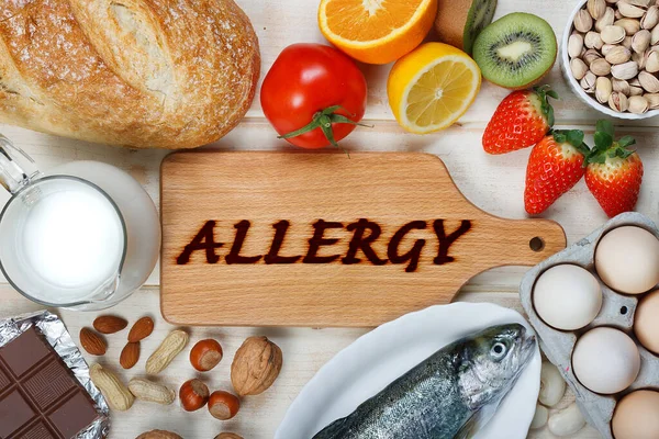 Allergy Food Concept Food Wooden Table — Stock Photo, Image