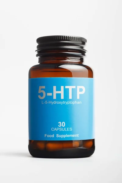 Frasco Htp Con Hidroxitriptófano Precursor Serotonina —  Fotos de Stock