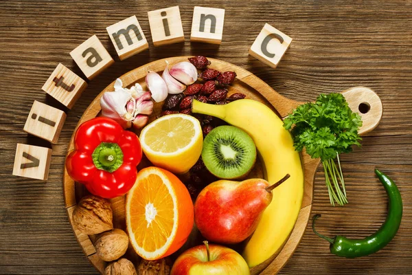 Vitamina Frutas Legumes Produtos Naturais Ricos Vitamina Como Laranjas Limões — Fotografia de Stock
