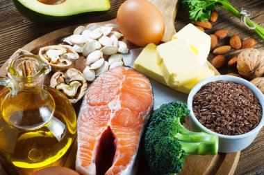 Somon, avokado, keten tohumu, yumurta, tereyağı, ceviz, badem, balkabağı tohumu, maydanoz ve kolza yağı olarak omega-3 asit kaynakları