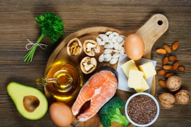 Somon, avokado, keten tohumu, yumurta, tereyağı, ceviz, badem, balkabağı tohumu, maydanoz ve kolza yağı olarak omega-3 asit kaynakları