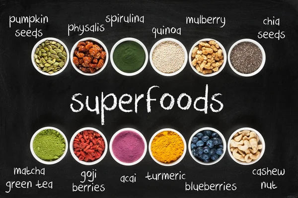 Superfoods Kolekce Tabuli Jako Pozadí — Stock fotografie