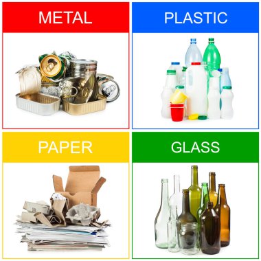 Geri dönüşüm için çöp seçimi. Ayrımcı metal, plastik, kağıt ve cam.
