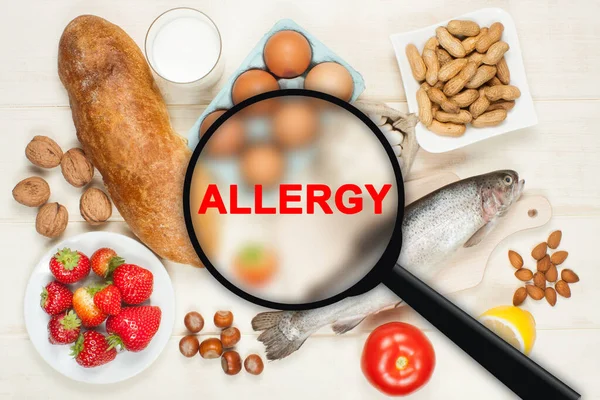 Allergy Food Concept Food Wooden Table — Stock Photo, Image