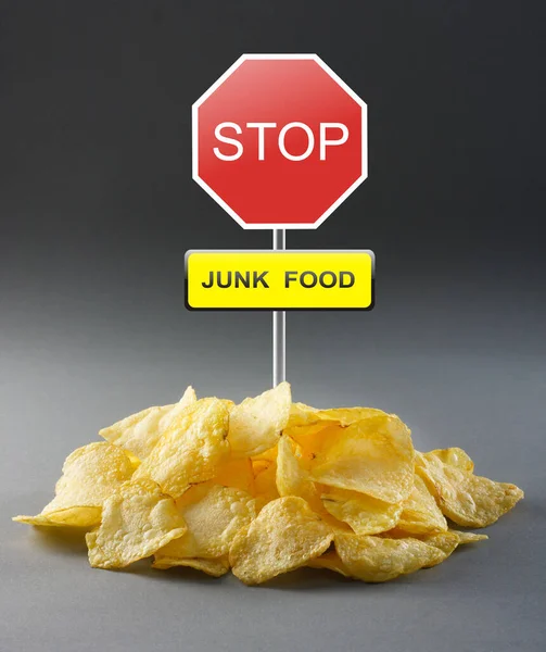 Junk Food Concept Potato Chips Road Stop Sign — Stock Photo, Image