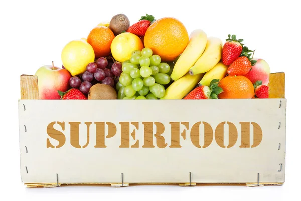 Supercomida Frutas Caixa Madeira — Fotografia de Stock