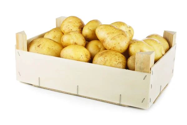 Kartoffeln Holzkiste Isoliert Auf Weißem Hintergrund — Stockfoto