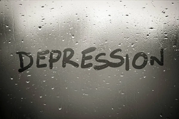 Inscriptie Depressie Mistige Venster Herfst Regenachtige Dag — Stockfoto