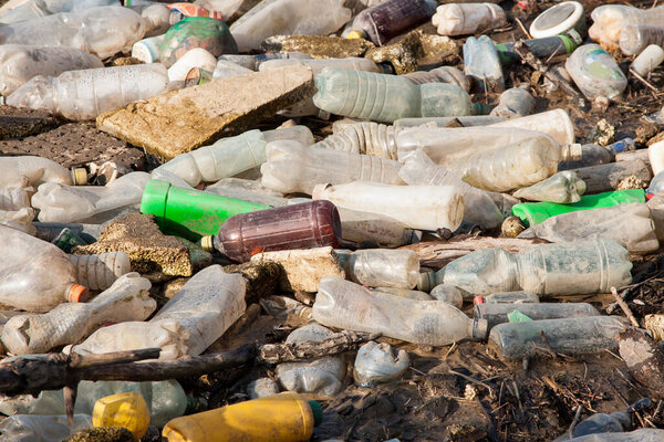 Environmental pollution. Plastic bottles on illegal dump
