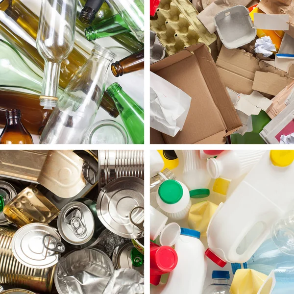 Wybór Śmieci Recyklingu Oddzielone Metale Tworzywa Sztuczne Papier Szkło — Zdjęcie stockowe