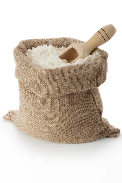 Flour Burlap Bag White Background — Stock Photo, Image