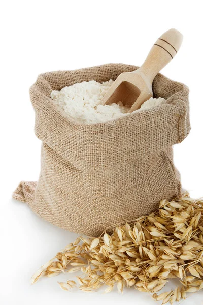 Oat Flour Burlap Bag White Background — Stock Photo, Image