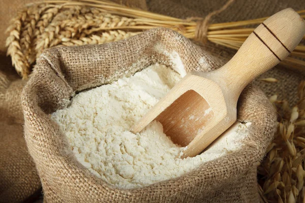 Flour Burlap Bag Wooden Spoon — Stock Photo, Image