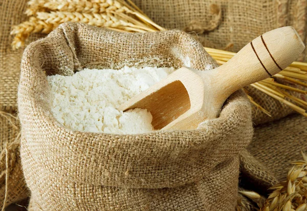 Flour Burlap Bag Wooden Spoon — Stock Photo, Image