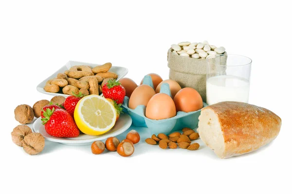 Allergie Nahrungsmittelkonzept Brot Milch Früchte Nüsse Eier Und Bohnen Auf Stockbild