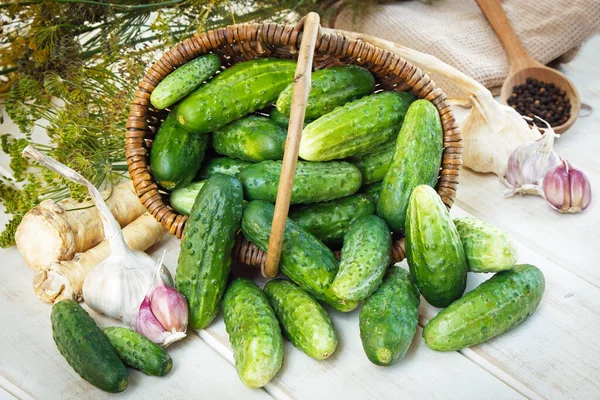 Ripe cucumbers in small basket — Stock Image Ripe Cucumbers Small Basket Stock Image