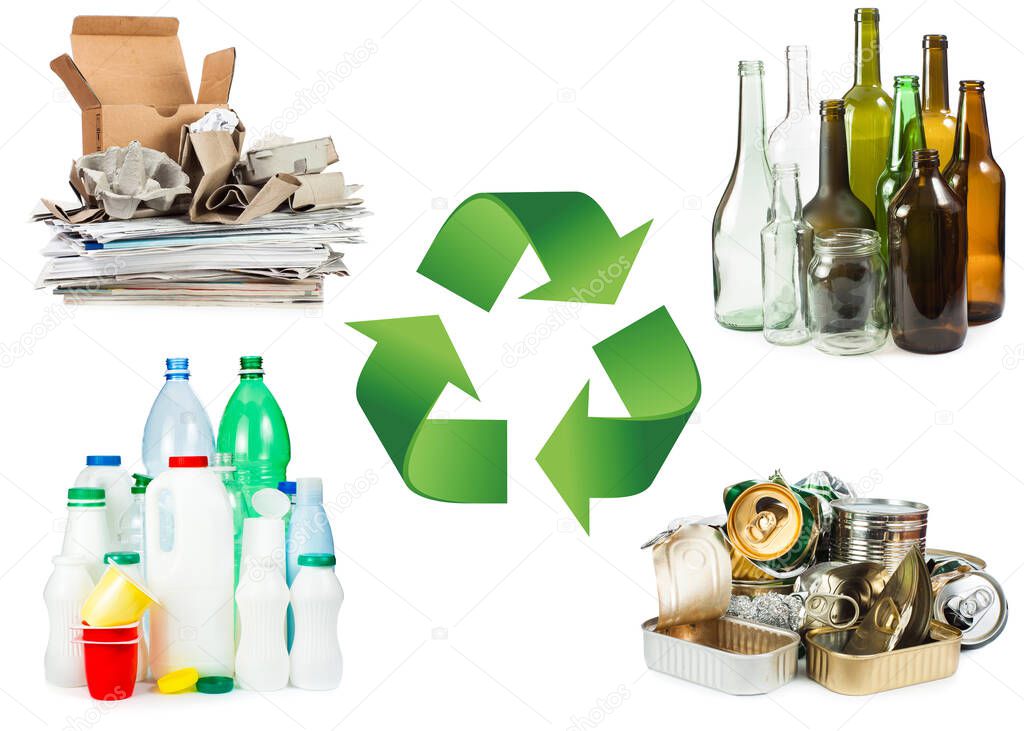 Recycle concept. A selection of garbage for recycling. Segregated metal, plastic, paper and glass on white background 