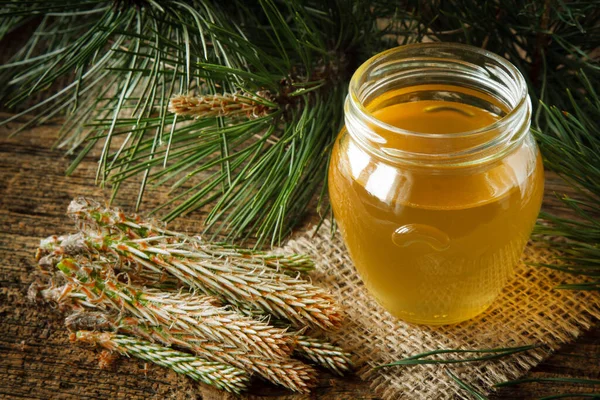 Hausgemachter Sirup Aus Grünen Jungen Pinienknospen Und Zucker Fokus Auf — Stockfoto