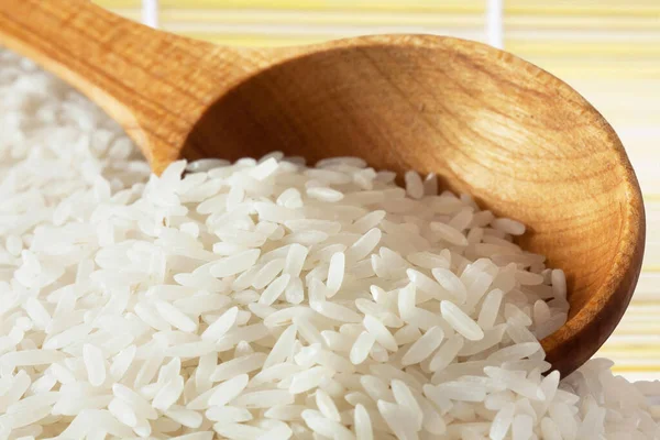 White Long Uncooked Rice Wooden Spoon — Stock Photo, Image