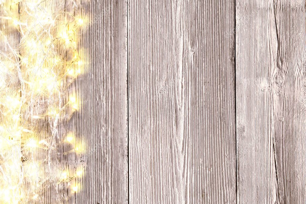 Christmas Lights on Wooden Background, Vintage Xmas Wood 