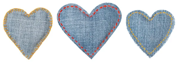 Jeans Heart Patch Stitches Seams Set Fabric Shapes Isolated White Стокова Картинка