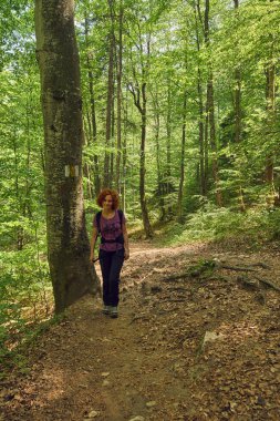 Dağlarda bir iz sırt ile kadın uzun yürüyüşe çıkan kimse