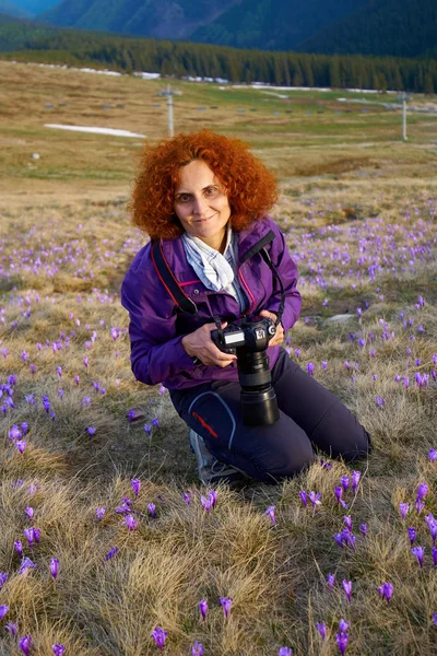 Žena Turistické Kamerou Pastvině Crocus Květy Horách — Stock fotografie