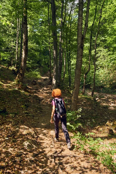 女人徒步旅行者背包在山上的小路上 — 图库照片