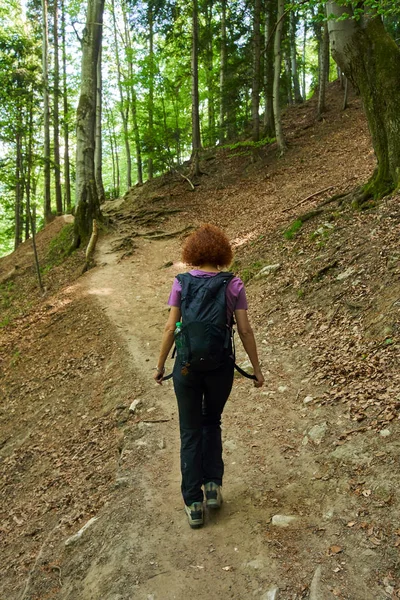 Жінка Ходить Рюкзаком Стежці Горах — стокове фото