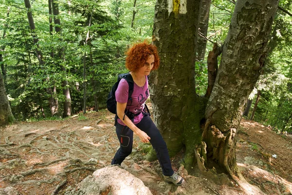 Mulher Caminhante Com Mochila Trilho Nas Montanhas — Fotografia de Stock