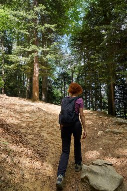 Dağlarda bir iz sırt ile kadın uzun yürüyüşe çıkan kimse
