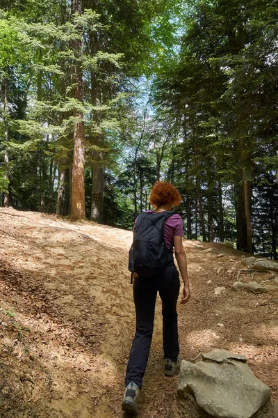 Dağlarda bir iz sırt ile kadın uzun yürüyüşe çıkan kimse