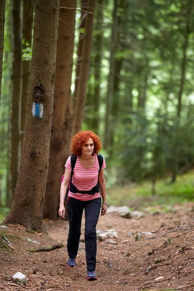 Kudrnatá Zrzka Žena Turistické Stezky Horách — Stock fotografie