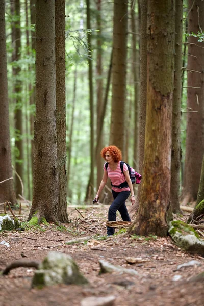 Curly Redhead Woman Hiking Trail Mountains Stock Picture