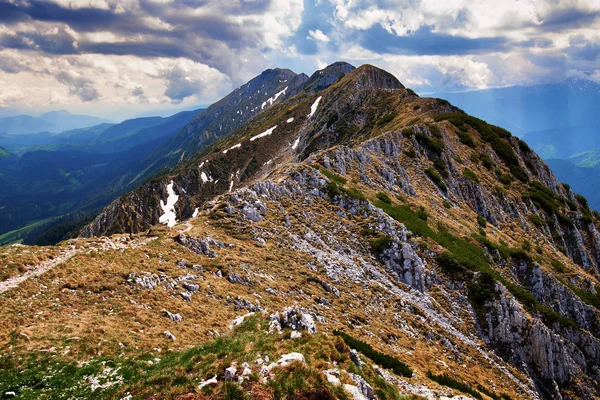 Picturesque View Landscape Huge Rocky Mountains Beautiful Cloudy Sky Background — Stock Photo, Image