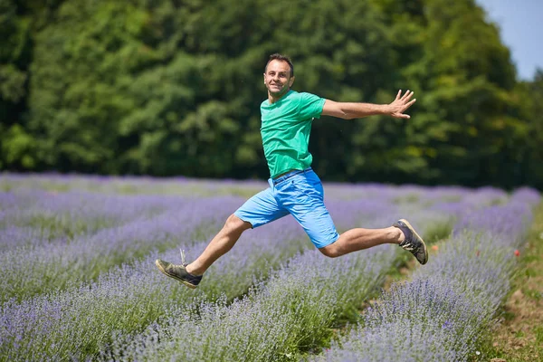 Campesino Sonriente Saltando Entre Hileras Plantaciones Lavanda Día Soleado —  Fotos de Stock