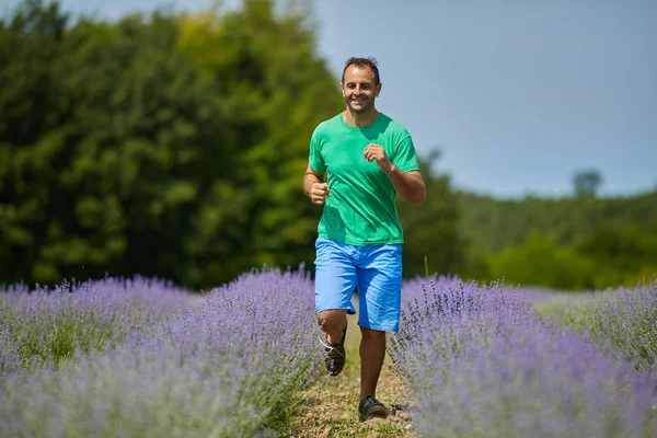 Agricoltore Che Corre Lungo Campo Lavanda — Foto Stock