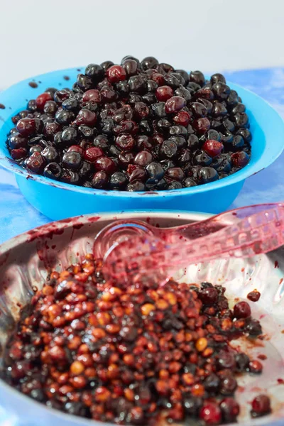 Pitted Black Bitter Wild Cherries Bowls — Stock Photo, Image