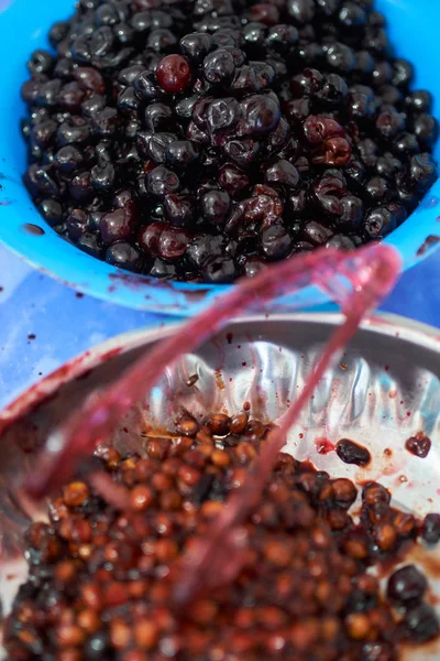 Pitted Black Bitter Wild Cherries Bowls — Stock Photo, Image