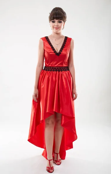 Portrait Studio Complet Une Belle Jeune Femme Robe Rouge — Photo