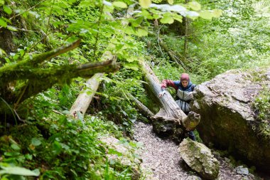 Yürüyüş dağ orman izinde genç adam