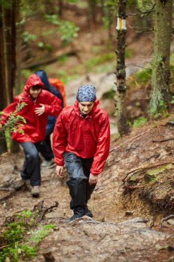 İn arkadaş grubu ile Dağlık bölgelerde hiking yağmurluklar