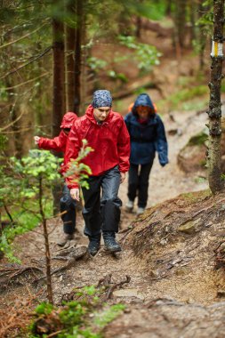 İn arkadaş grubu ile Dağlık bölgelerde hiking yağmurluklar