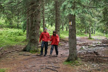 Doğal yeşil yaylaları'da yürüyüş genç çift 
