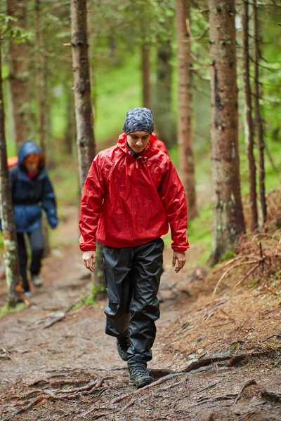 在高原的雨衣徒步旅行的朋友小组 — 图库照片